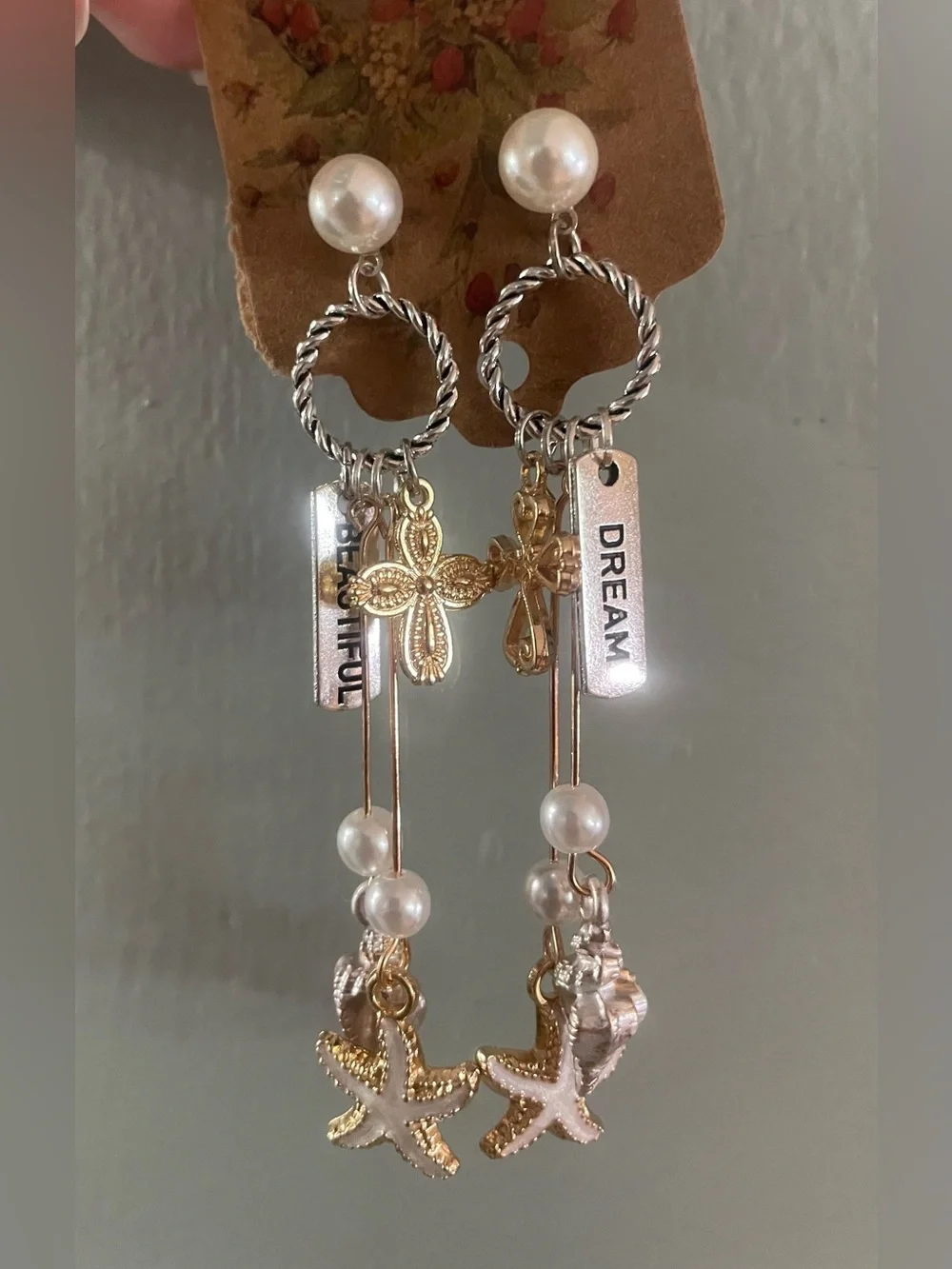Pearl & Gold Seashell Drop Earrings - Picture 1 of 4